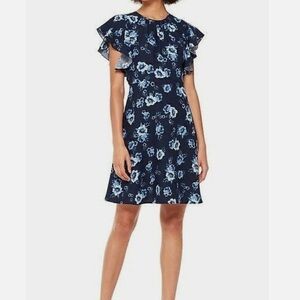 Kate Spade New York Prairie Rose Crepe Dress Blue Floral Flutter Sleeve Coquette